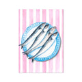 Hand-painted artwork of sardines on a blue plate with a pink striped background.
