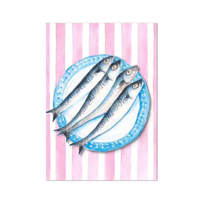 Hand-painted artwork of sardines on a blue plate with a pink striped background.