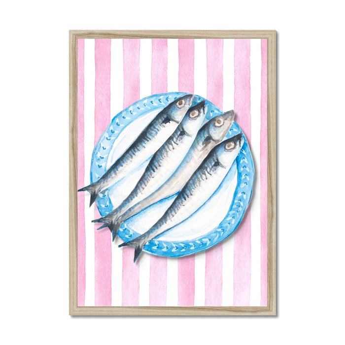 Sardine Painting on Red Pink Stripe | Kitchen Wall Art - Unframed