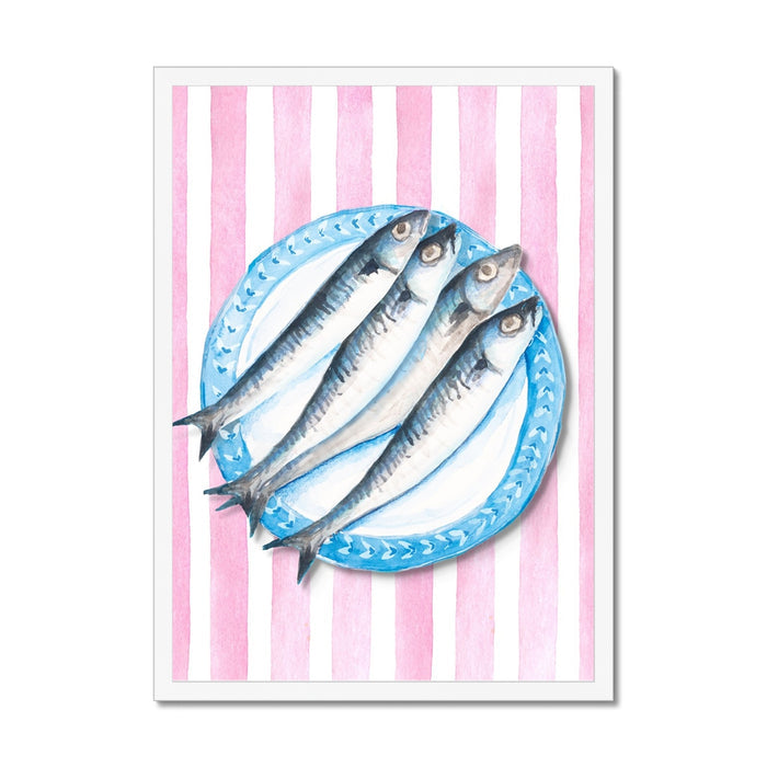 Sardine Painting on Red Pink Stripe | Kitchen Wall Art - Unframed