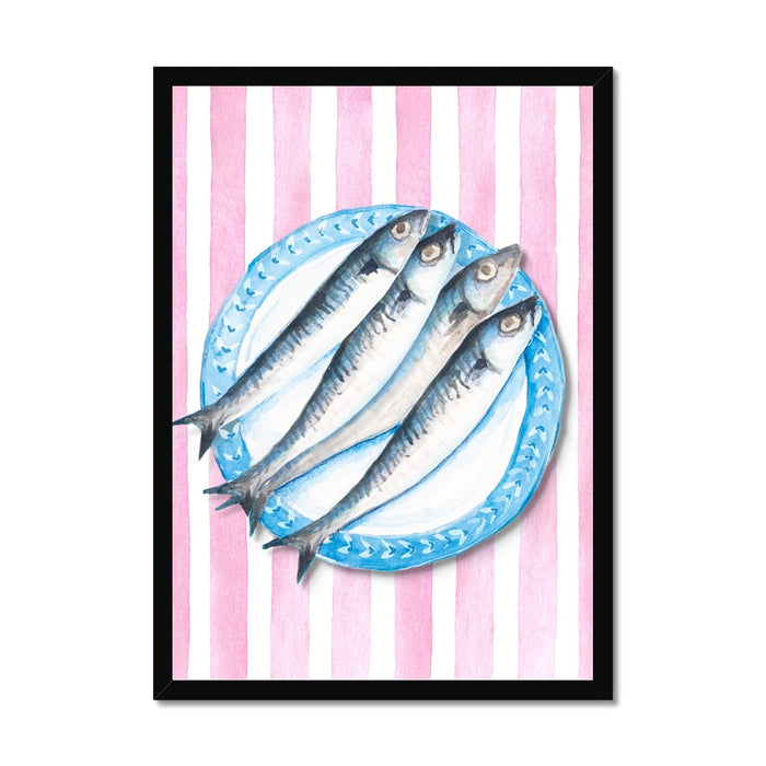 Sardine Painting on Red Pink Stripe | Kitchen Wall Art - Unframed