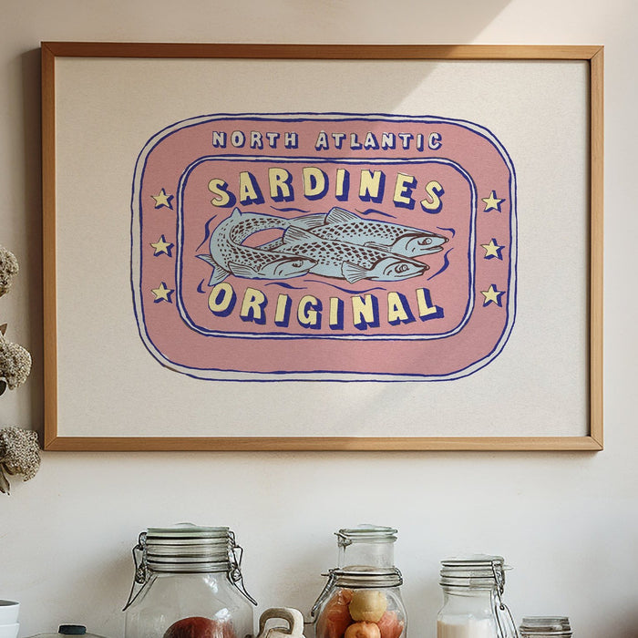 A framed art print of a sardine tin with pink background.