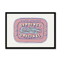 A framed art print of a sardine tin.