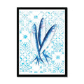 Framed artwork of three sardines fish on a white background with a blue pattern