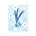 Two blue fish on a decorative white and blue patterned background