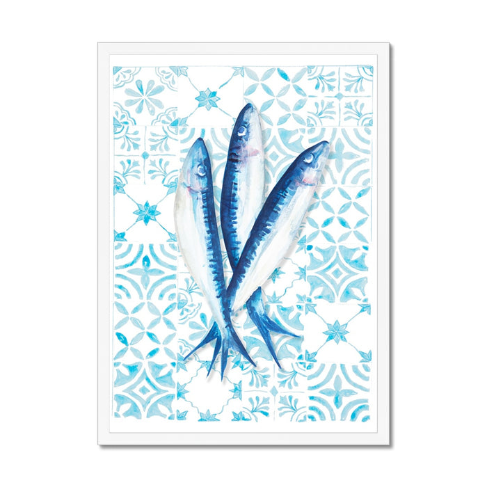 Illustration of three blue fish on a white background with blue patterns