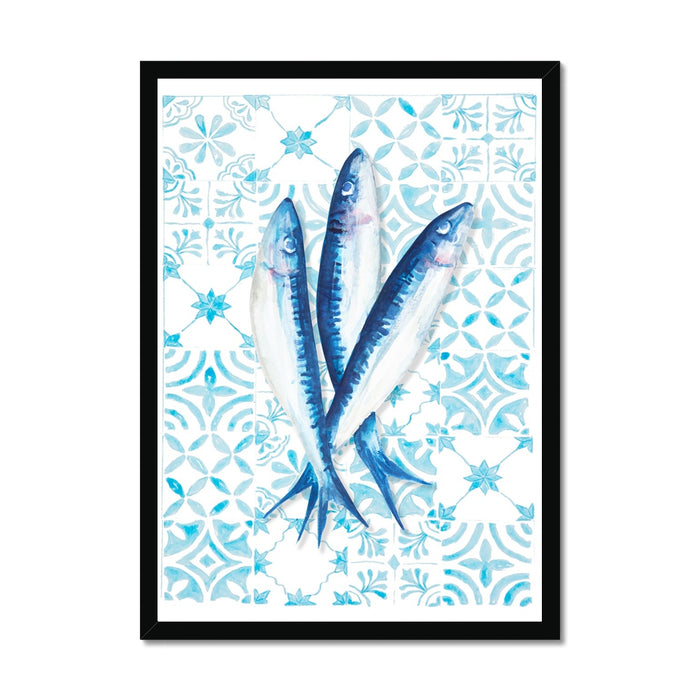 Framed artwork of three sardines fish on a white background with a blue pattern