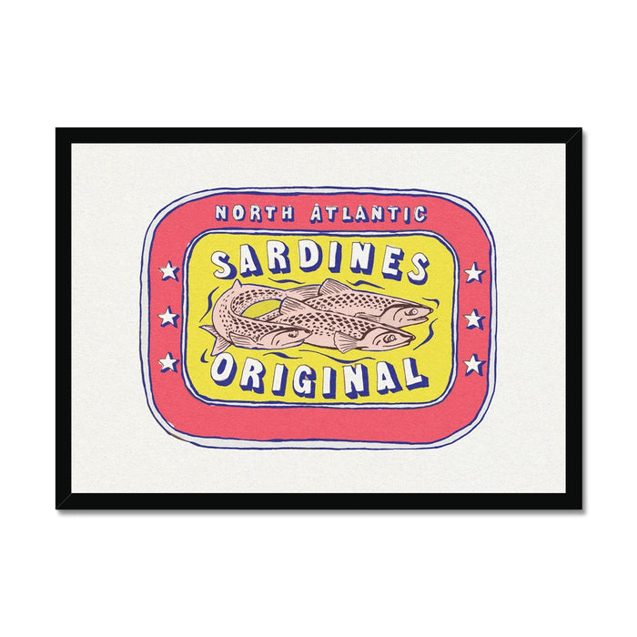 Framed artwork of a vintage sardine tin label with red and yellow colors featuring an illustration of a fish and the text 'SARDINES ORIGINAL'.