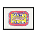 Framed artwork of a vintage sardine tin label with red and yellow colors featuring an illustration of a fish and the text 'SARDINES ORIGINAL'.