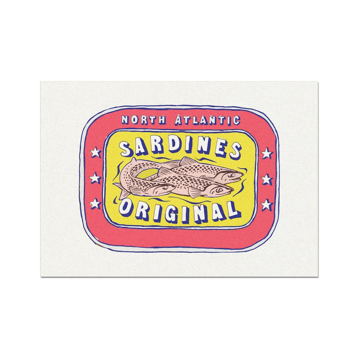 Sardine Tin Painting - A colourful painting of a tin can label, depicting 'North Atlantic Sardines Original' with a fish illustration in the centre, surrounded by red and yellow colours with star accents.