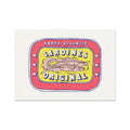 Sardine Tin Painting - A colourful painting of a tin can label, depicting 'North Atlantic Sardines Original' with a fish illustration in the centre, surrounded by red and yellow colours with star accents.