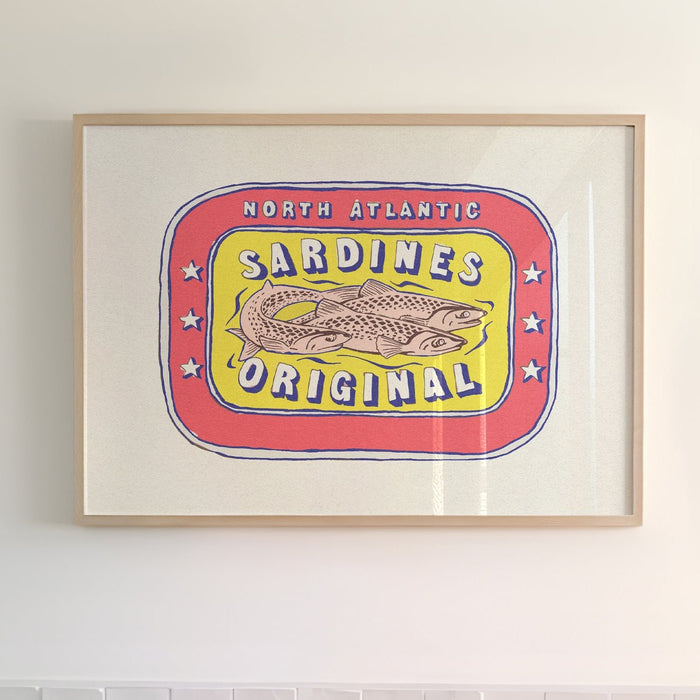 Sardine Tin Painting - A colourful painting of a tin can label, depicting 'North Atlantic Sardines Original'