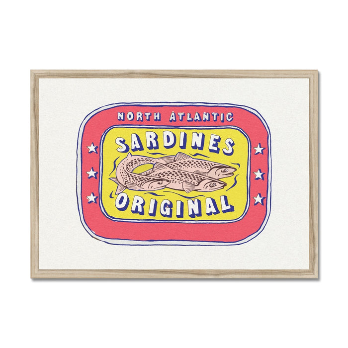 Framed artwork of a vintage sardine tin label with red and yellow colors featuring an illustration of a fish and the text 'SARDINES ORIGINAL'.