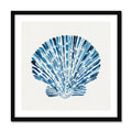 Scallop shell painting with layered blue brushstrokes on a neutral background, contemporary coastal wall art