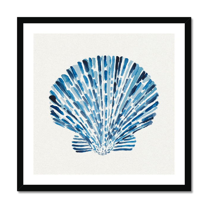 Scallop shell painting with layered blue brushstrokes on a neutral background, contemporary coastal wall art