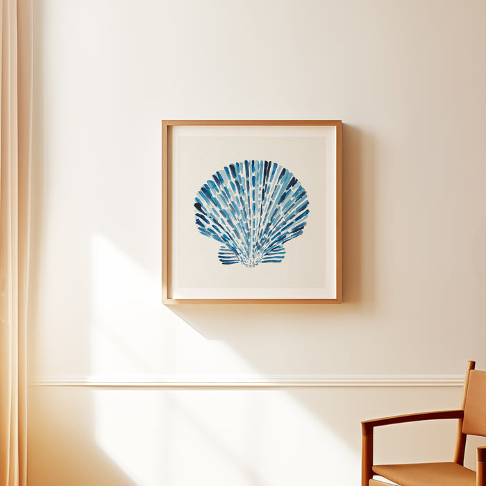 Framed scallop shell watercolour painting on wall in hallway