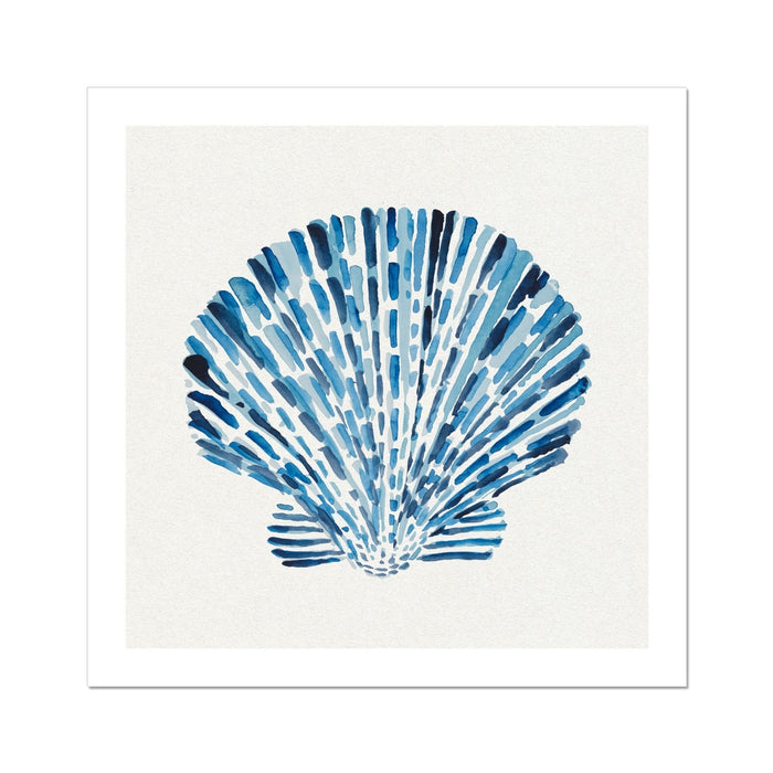 Scallop shell painting with layered blue brushstrokes on a neutral background, contemporary coastal wall art