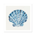 Scallop shell painting with layered blue brushstrokes on a neutral background, contemporary coastal wall art