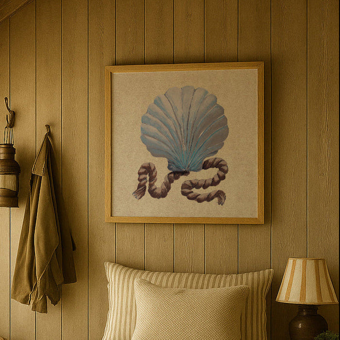Cosy bedroom with shell art print on the wall, wooden walls, bed, and decorative elements.