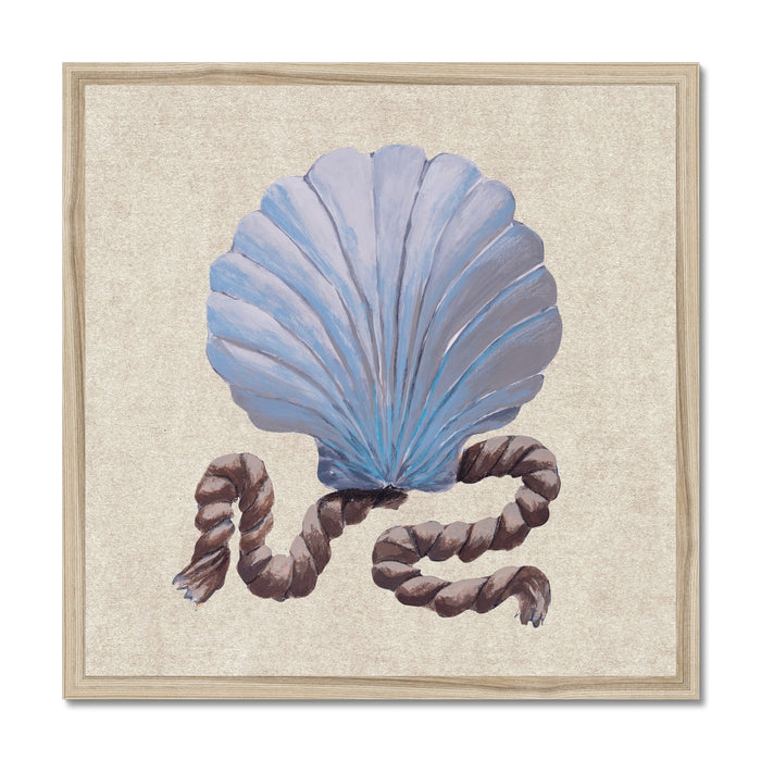 Framed artwork of a blue shell with rope on a beige background
