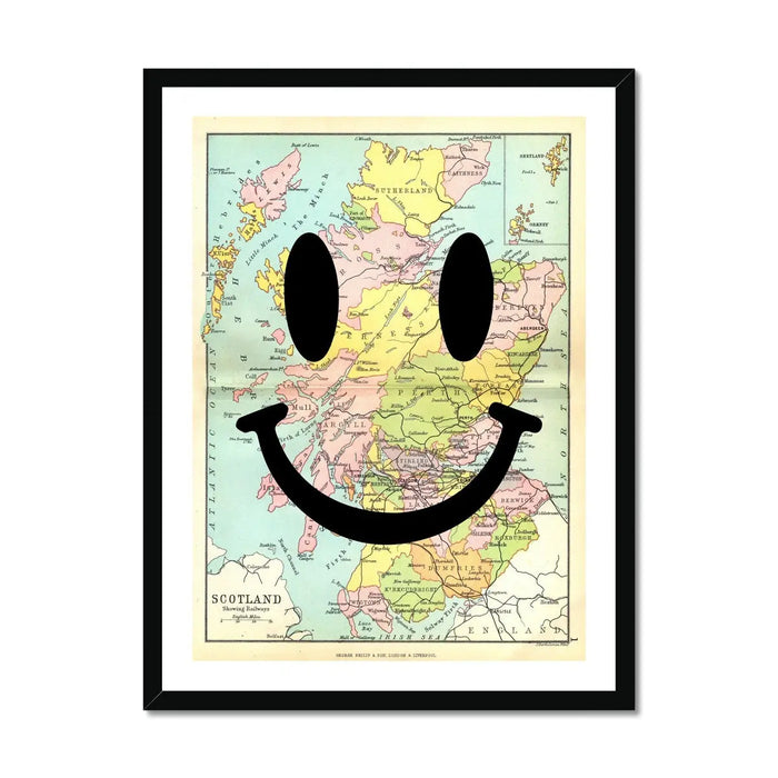 Framed vintage map art of Scotland with a smiling face added in modern typography.