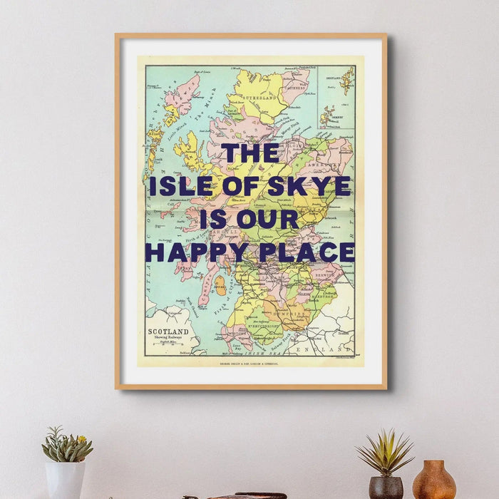 Coastal wall art featuring a personalised vintage map print of Scotland with pink font - Unframed wall art