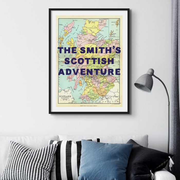 Coastal wall art featuring a personalised vintage map print of Scotland with pink font - Unframed wall art
