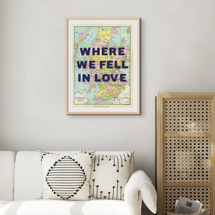 Coastal wall art featuring a personalised vintage map print of Scotland with pink font - Unframed wall art