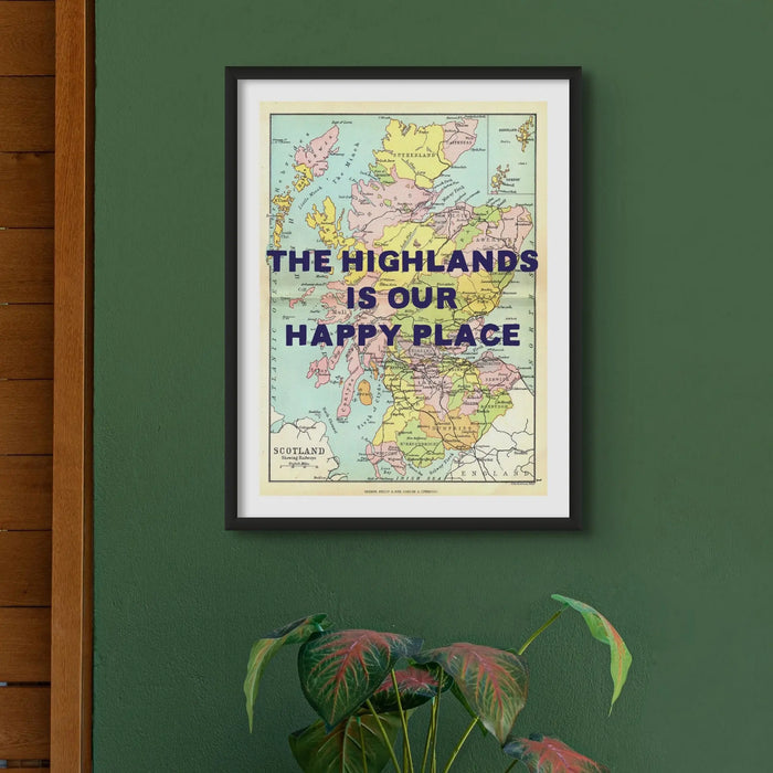 Coastal wall art featuring a personalised vintage map print of Scotland with pink font - Unframed wall art