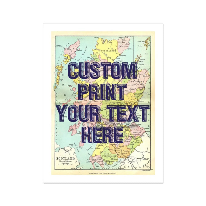 unframed personalised vintage map art print of Scotland with pink font - wall art