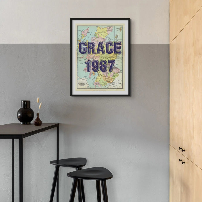 unframed personalised vintage map art print of Scotland with pink font - wall art