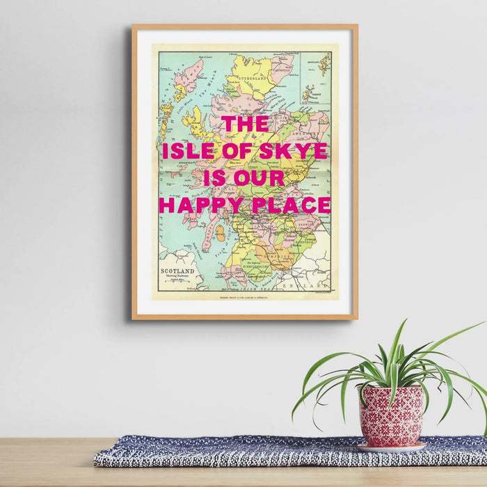 Framed personalised vintage map art print of Scotland with pink font - framed wall art