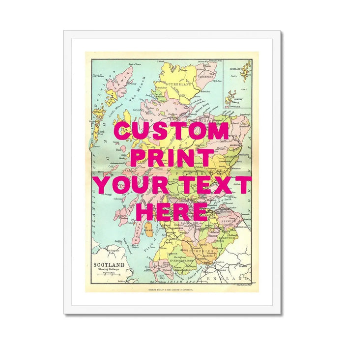 Framed personalised vintage map art print of Scotland with pink font - framed wall art