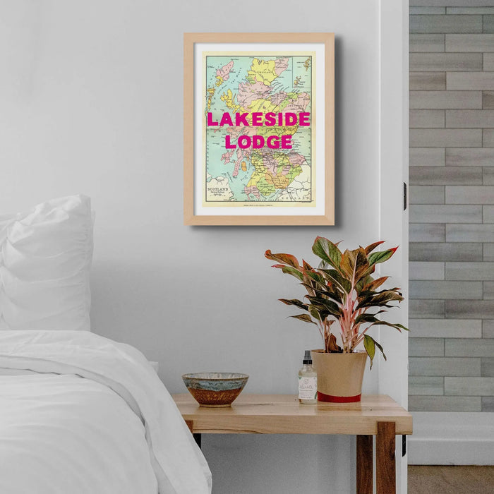 unframed personalised vintage map art print of Scotland with navy font - unframed wall art