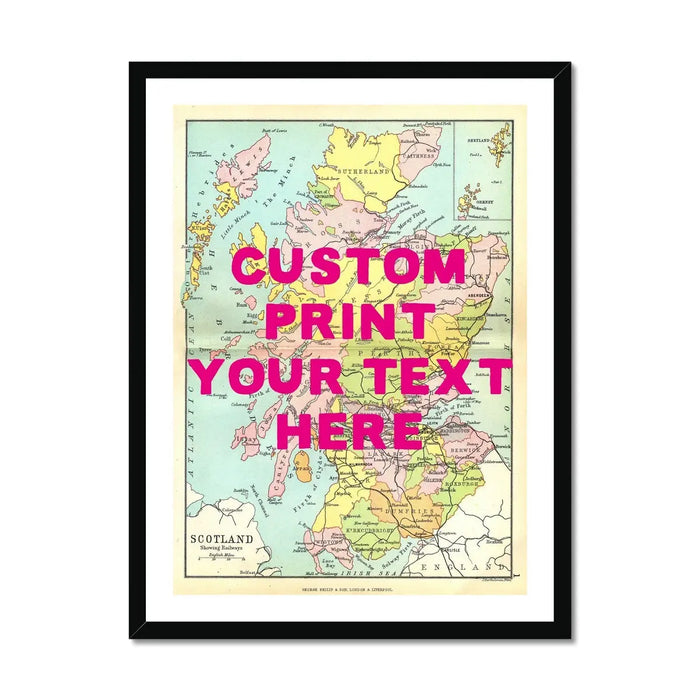Framed personalised vintage map art print of Scotland with pink font - framed wall art