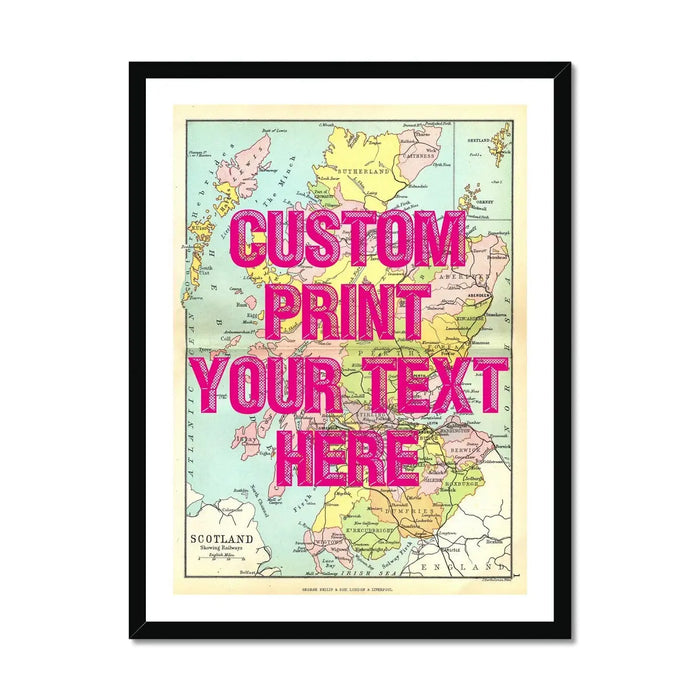 Framed personalised vintage map art print of Scotland with pink font - framed wall art