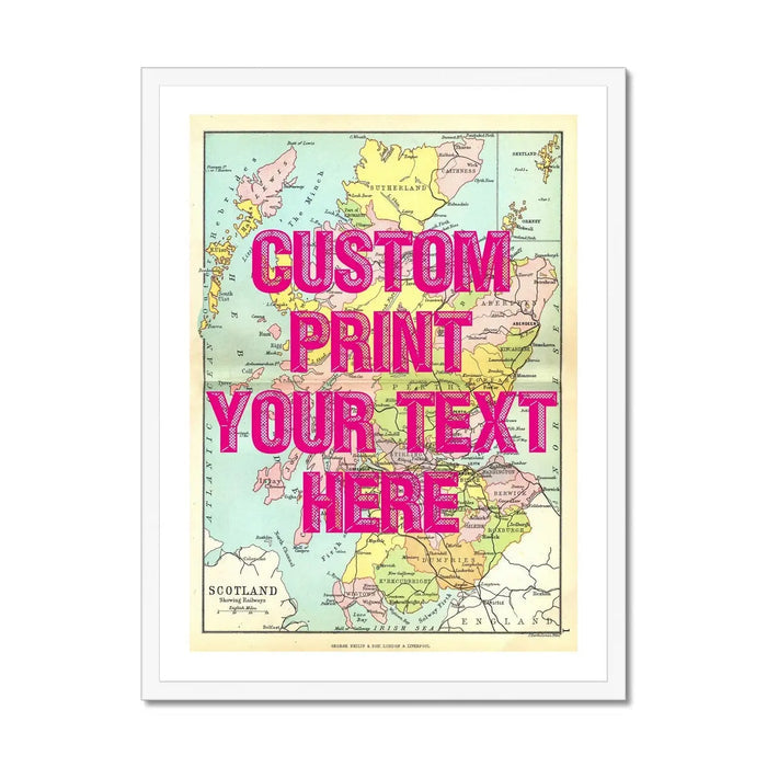 Framed personalised vintage map art print of Scotland with pink font - framed wall art