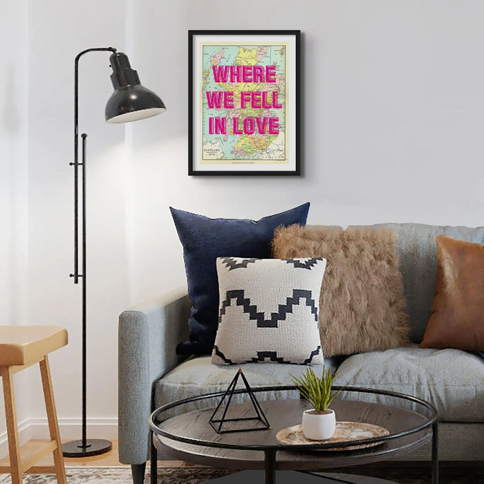 Framed personalised vintage map art print of Scotland with pink font - framed wall art