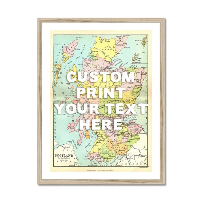 Framed personalised vintage map art print of Scotland with white font - framed wall art