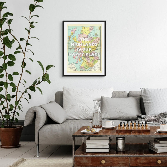 Framed personalised vintage map art print of Scotland with white font - framed wall art