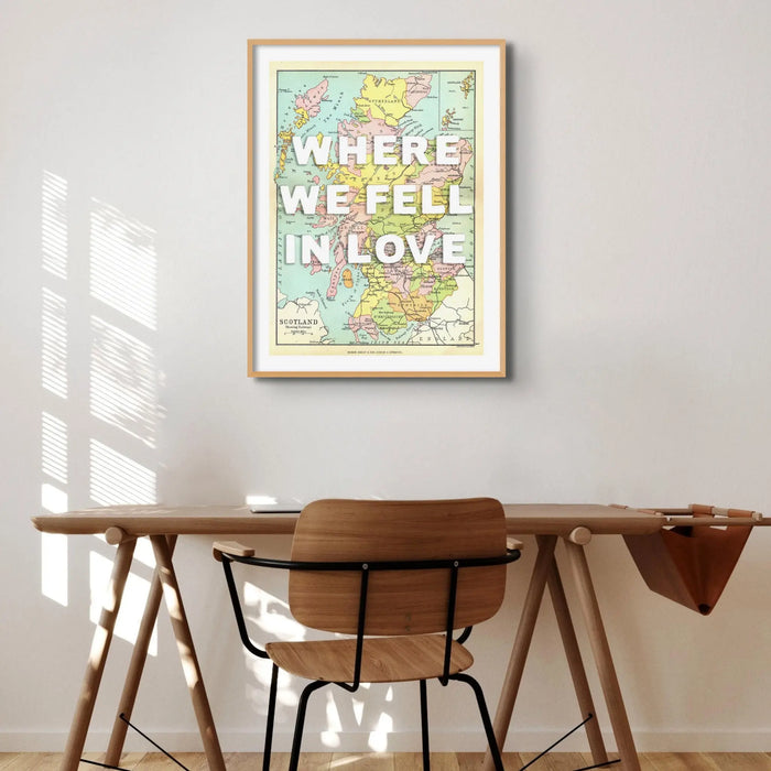 Framed personalised vintage map art print of Scotland with white font - framed wall art