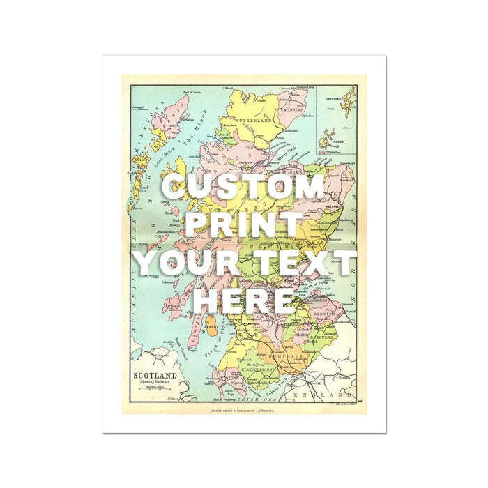 unframed personalised vintage map art print of Scotland with white font - unframed wall art