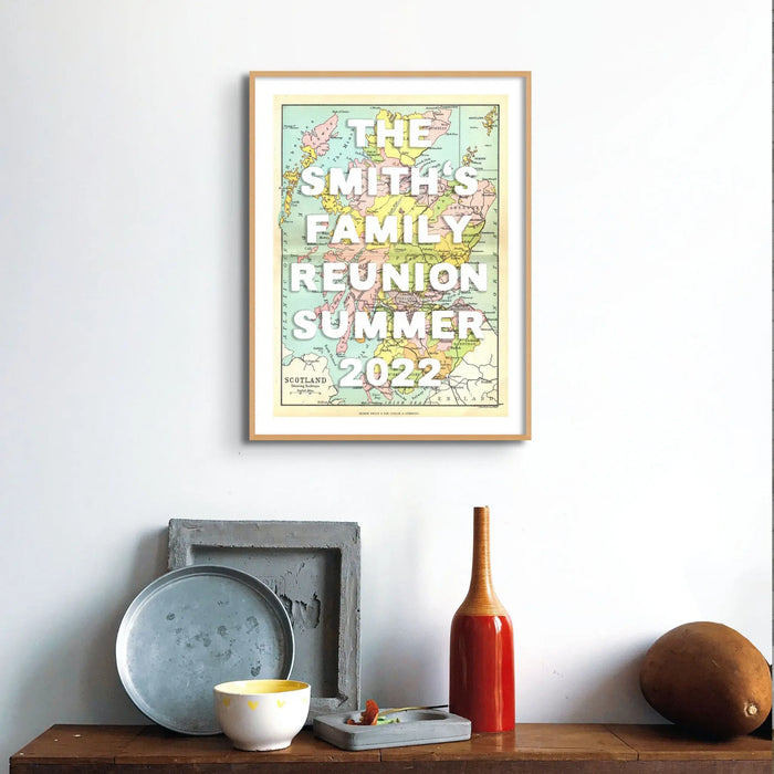 unframed personalised vintage map art print of Scotland with white font - unframed wall art