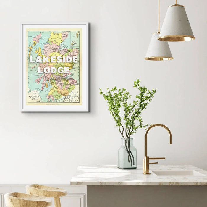 unframed personalised vintage map art print of Scotland with white font - unframed wall art