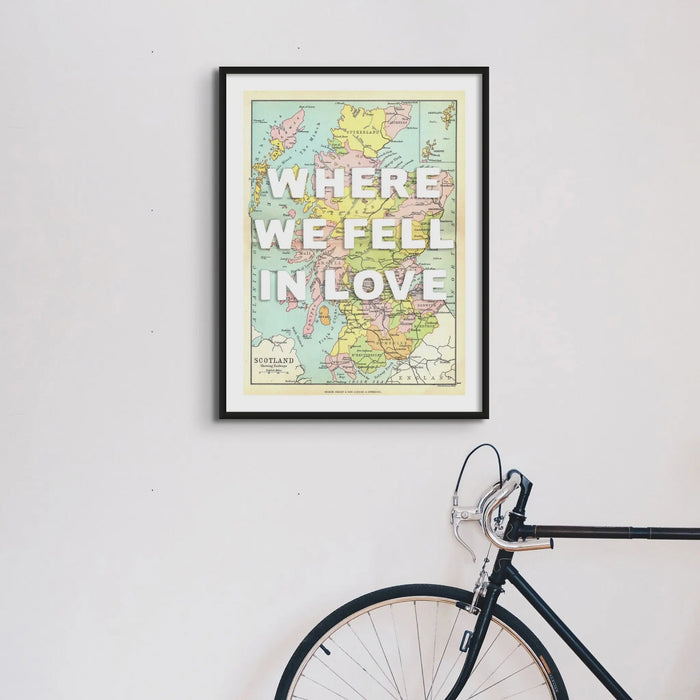 unframed personalised vintage map art print of Scotland with white font - unframed wall art