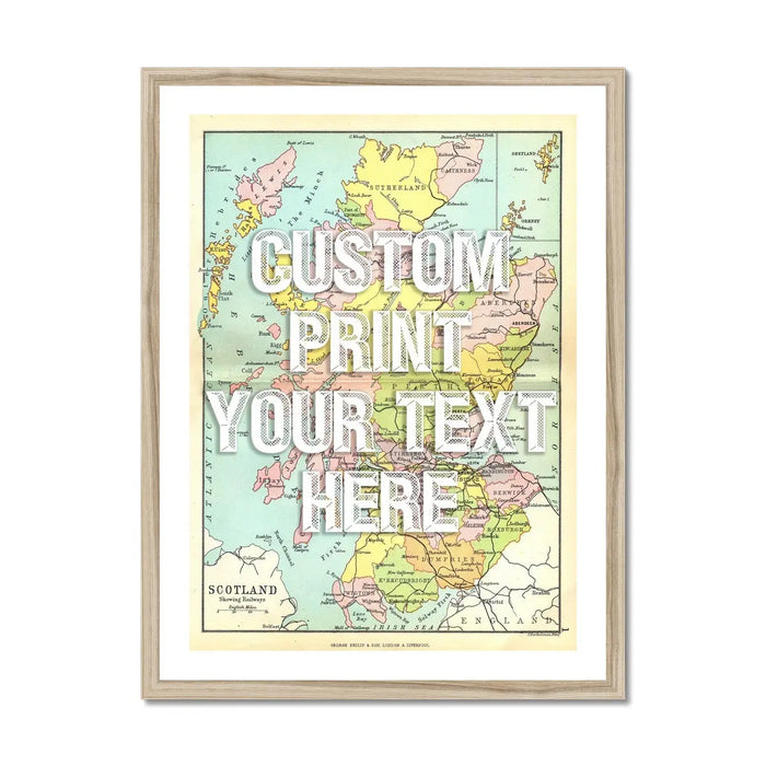 Framed personalised vintage map art print of Scotland with white font - framed wall art