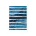 A framed abstract line art print featuring indigo and sea blue stripes, representing rolling ocean waves.