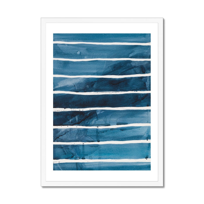 A framed abstract painting featuring horizontal indigo blue watercolor stripes, presented in a simple white frame