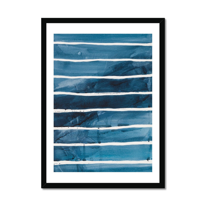 A framed abstract painting featuring horizontal indigo blue watercolor stripes, presented in a simple black frame.
