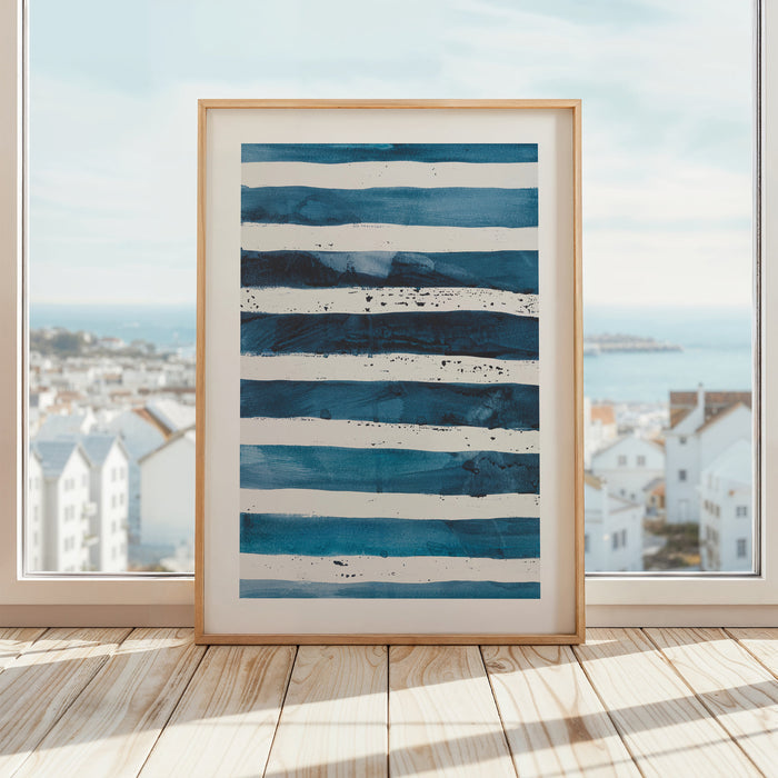 Abstract Blue Line Painting framed by window.